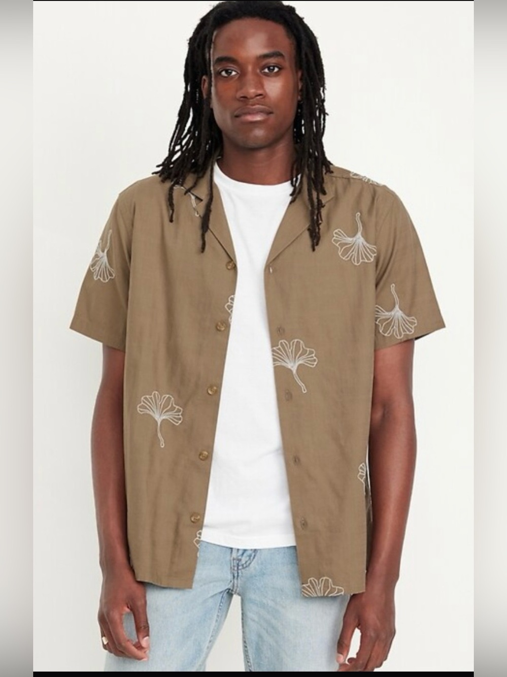 Old Navy Men's Brown Short-Sleeve Button-Down with Leaf Motif XXL